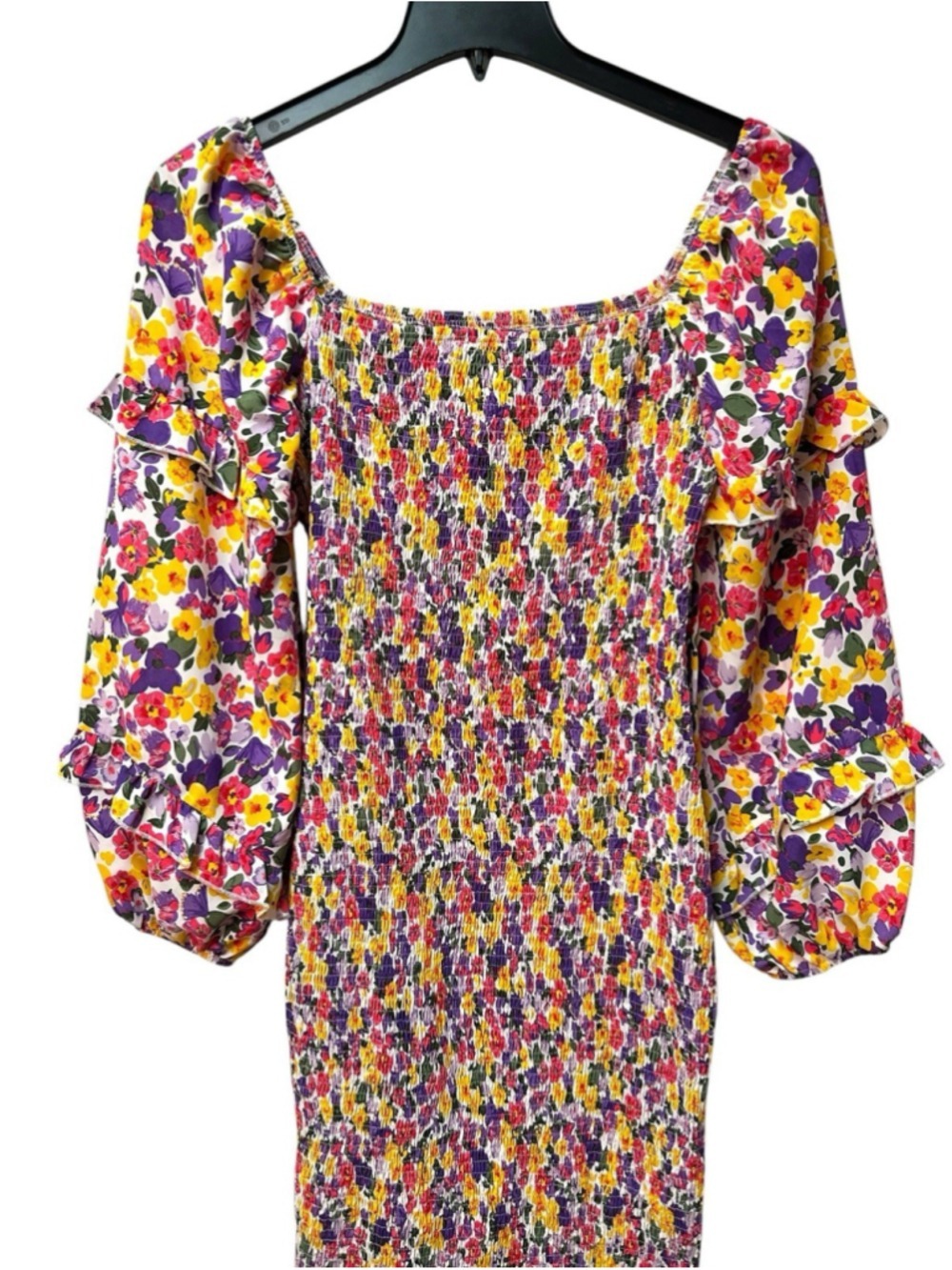 PRETTYGARDEN Smocked Sun Dress Womens L Stretch Knee/Midi Length Balloon Sleeves